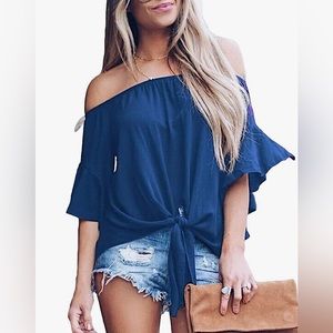 Off the shoulder Blue womens blouse. Size Large